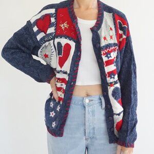 Vintage Heirloom Navy Red Patchwork Americana Heart Star Floral Knit Cardigan L